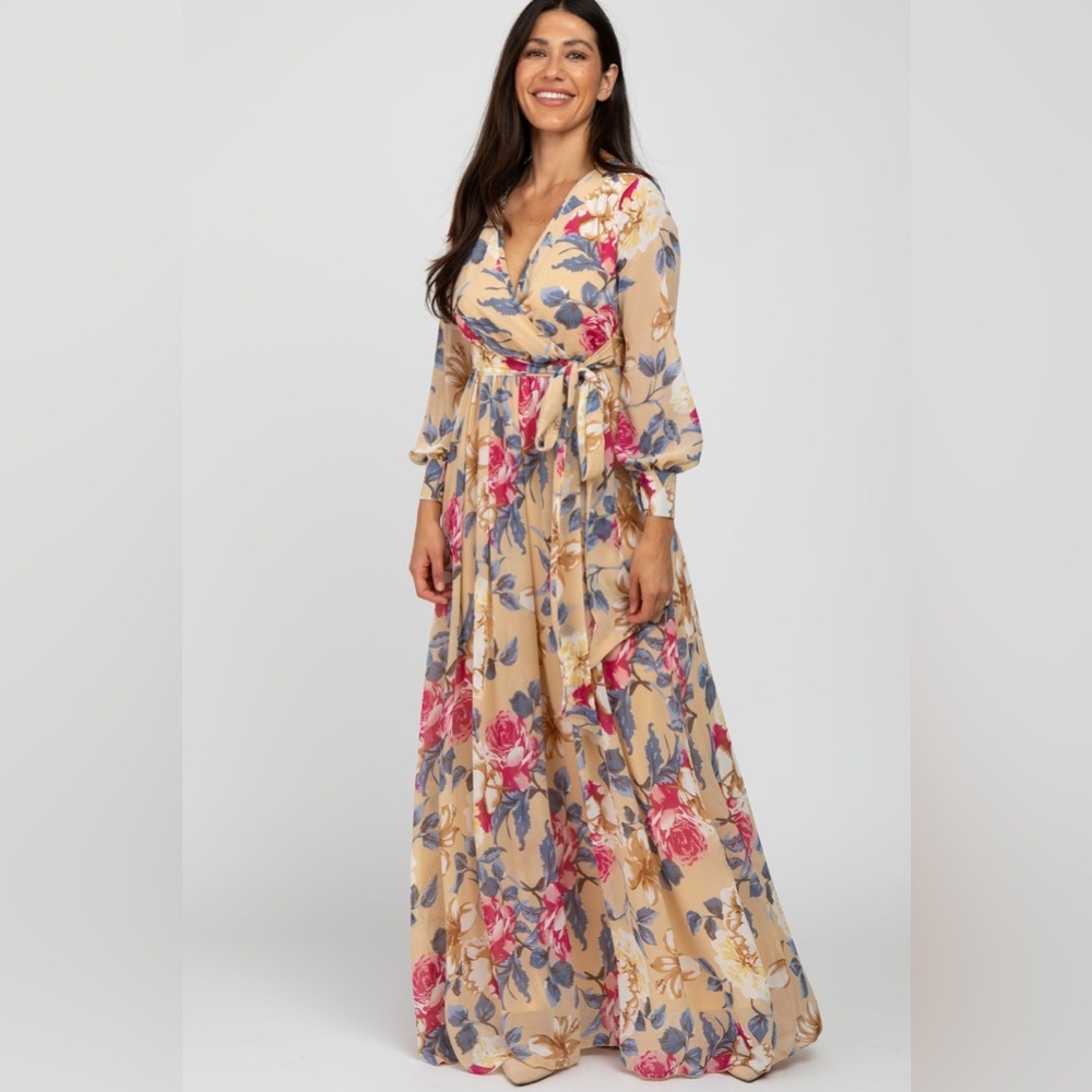 Pinkblush floral long sleeve chiffon maxi dress nwot